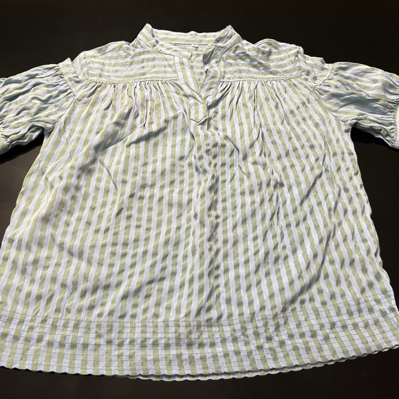 2-Striped Shirt Women V Neck Puff Short Sleeve Oversized Shirts Casual Summer - Picture 3 of 6